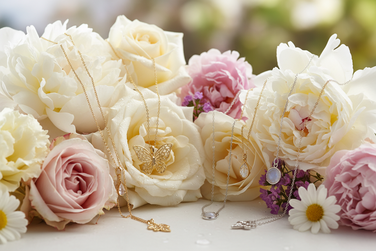 create a picture with women necklaces and flowers